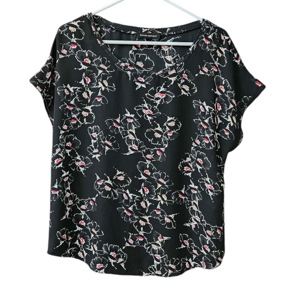 Banana Republic Floral Print Top Blouse Women's Medium Black Pink
